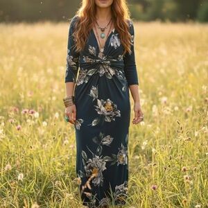 Peach Love Floral Maxi Dress Floor Length Boho Cottagecore Hippie Indie